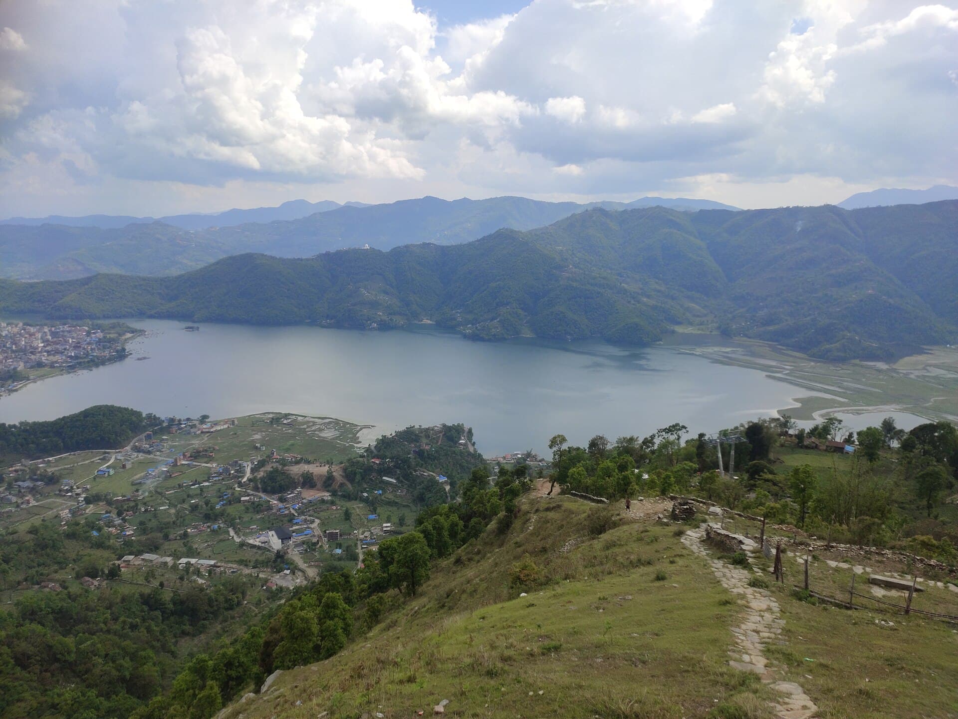 Phewa Lake and the hills around Pokhara, Nepal, seen from a ridge trail